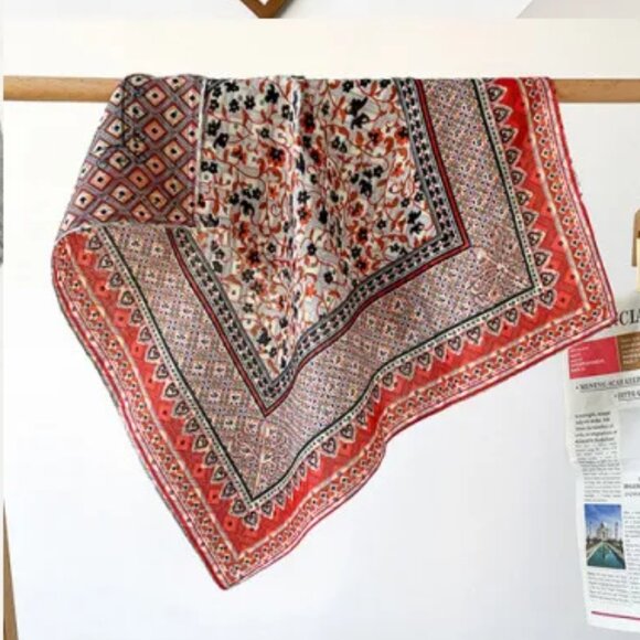 2/$30  Velvet Silk Floral Scarf Orange Red Square Neck Head Handbag Bandana - Picture 6 of 6
